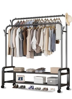 LIVVY Heavy Duty Double Rail Garment Rack with Wheels – Clothes Organizer with Shelves for Bedroom, Office & Entryway (Black)  - Image 1