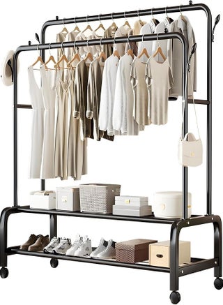 Heavy Duty Rolling Garment Rack – Double Rail Clothes Organizer with Storage Shelves, Lockable Wheels & Strong Metal Frame – Portable Closet for Home or Office (Black)