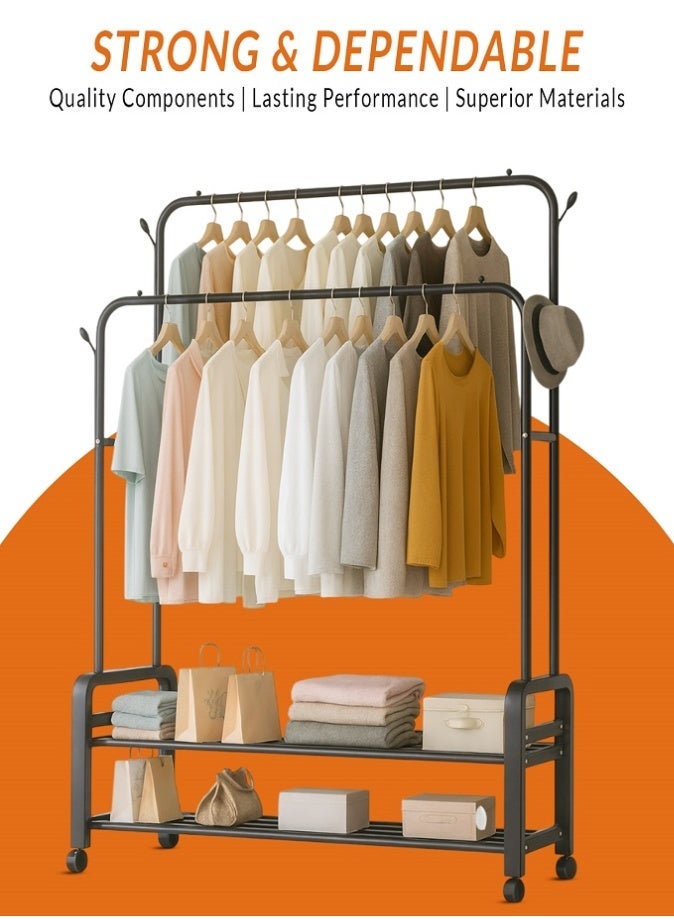 LIVVY Heavy Duty Rolling Garment Rack – Double Rail Clothes Organizer with Storage Shelves, Lockable Wheels & Strong Metal Frame – Portable Closet for Home or Office (Black) - Image 5