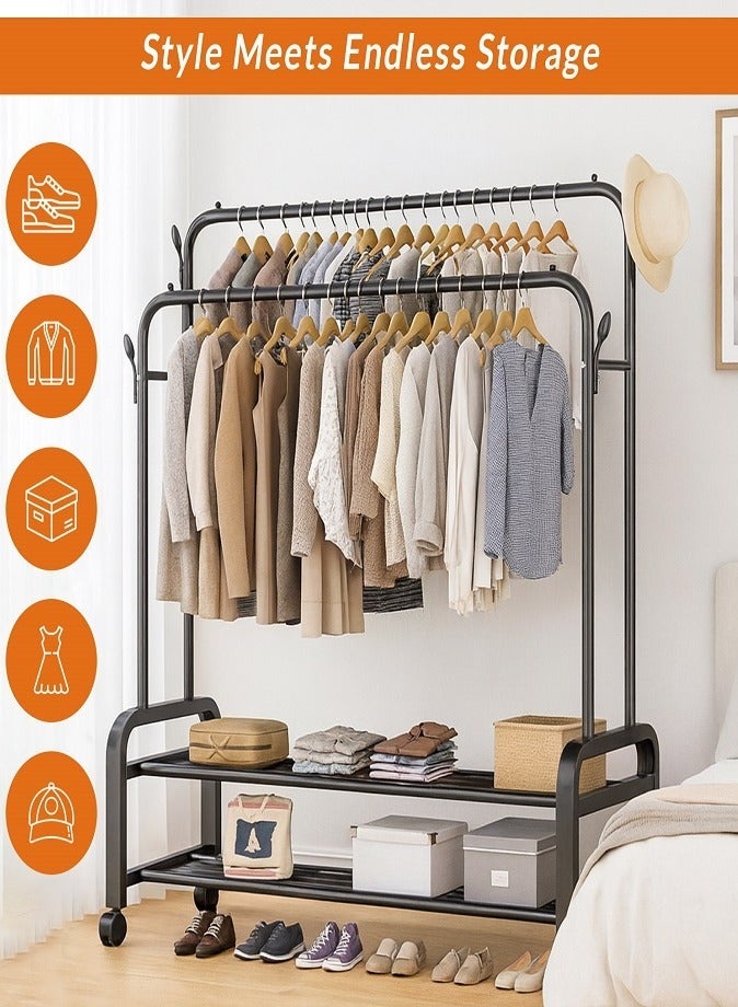 LIVVY Heavy Duty Rolling Garment Rack – Double Rail Clothes Organizer with Storage Shelves, Lockable Wheels & Strong Metal Frame – Portable Closet for Home or Office (Black) - Image 4