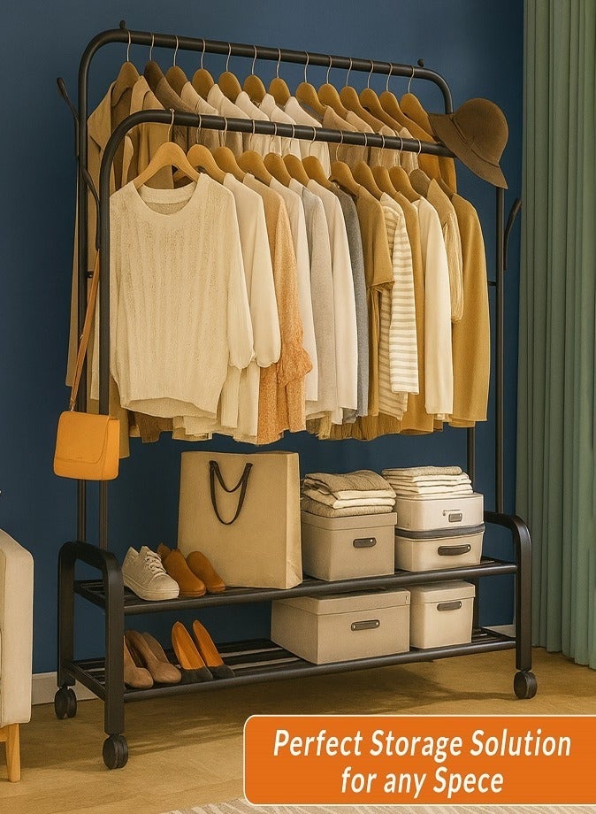 LIVVY Heavy Duty Rolling Garment Rack – Double Rail Clothes Organizer with Storage Shelves, Lockable Wheels & Strong Metal Frame – Portable Closet for Home or Office (Black) - Image 3