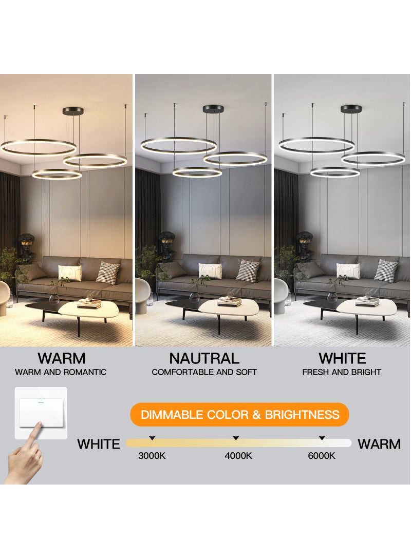 YATAI LIGHTING Staggered Design Chandelier Living Room, Remote Control Big Dia 80cm Black Modern Classic LED 3 Ring Chandelier Light,Acrylic Adjustable Color Temperature Chandelier Lamp,102W  - Image 3