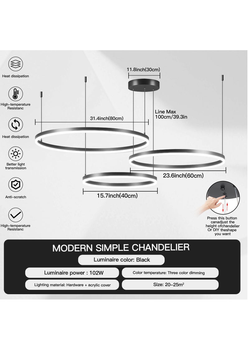 YATAI LIGHTING Staggered Design Chandelier Living Room, Remote Control Big Dia 80cm Black Modern Classic LED 3 Ring Chandelier Light,Acrylic Adjustable Color Temperature Chandelier Lamp,102W  - Image 4