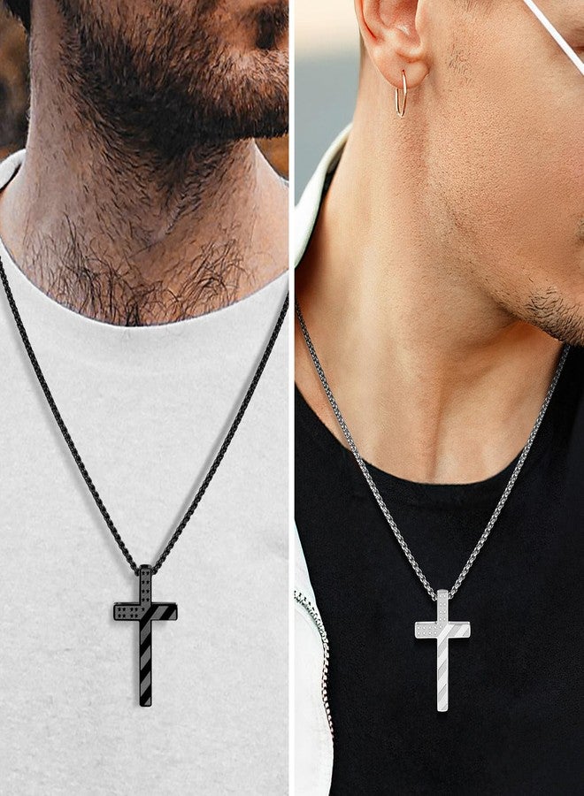 Romass 2Pcs Cross Necklace for Men Boys,Silver Black 1:9 Baptism Religious Christian First Communion Confirmation Stainless Steel American Flag Chain Gifts Jewelry - Image 2