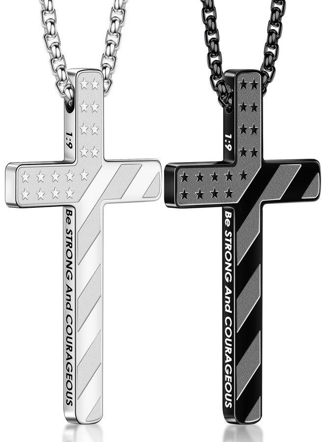 Romass 2Pcs Cross Necklace for Men Boys,Silver Black 1:9 Baptism Religious Christian First Communion Confirmation Stainless Steel American Flag Chain Gifts Jewelry - Image 1