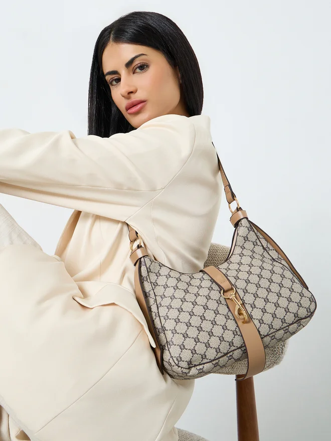 Styli Styli Printed Belted Shoulder Bag with Zip Closure