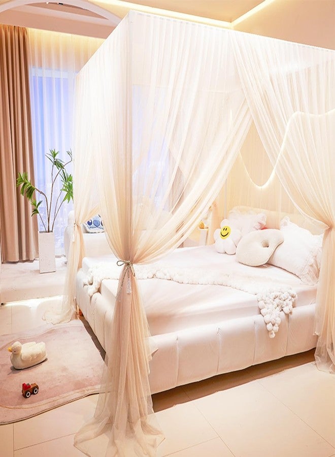 Akiky Princess Canopy Bed Curtains 4 Corners Post Mosquito Net - Cozy Drape Netting 4 Opening Bed Canopy Curtain for Girls Bed Boys Adults (Queen,Beige) - Image 2