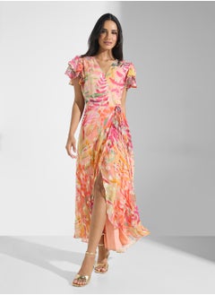 Hope & Ivy Feather Lurex Frill Sleeve Wrap Dress  - Image 1