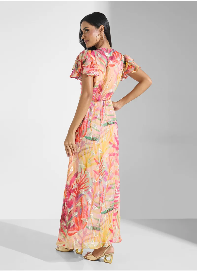Hope & Ivy Feather Lurex Frill Sleeve Wrap Dress