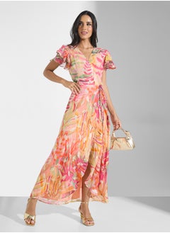 Hope & Ivy Feather Lurex Frill Sleeve Wrap Dress  - Image 4