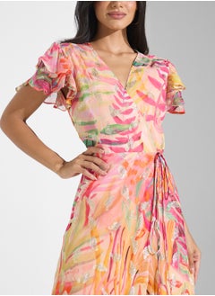 Hope & Ivy Feather Lurex Frill Sleeve Wrap Dress  - Image 3