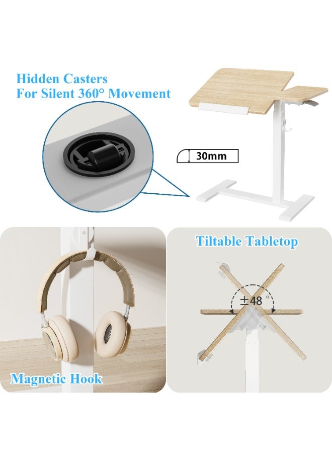 ETHU Height-Adjustable Rolling Laptop Desk, Multifunctional Overbed Table with Tilting Desktop and Recessed Casters, Mobile Bedside Sofa Side Table, Ergonomic Standing Desk for Office and Home, Maple - Image 2