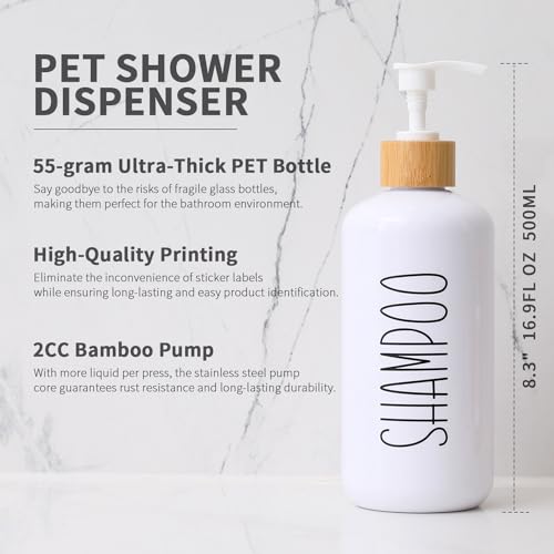 MOMEEMO White Shampoo and Conditioner Dispenser Set, Contains 3 Extra-Thick PET Plastic Bottles, Refillable Shampoo and Conditioner Bottles Perfect for Farmhouse Bathroom Decor. (White) - Image 3