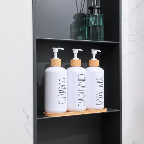 MOMEEMO White Shampoo and Conditioner Dispenser Set, Contains 3 Extra-Thick PET Plastic Bottles, Refillable Shampoo and Conditioner Bottles Perfect for Farmhouse Bathroom Decor. (White) - Image 4