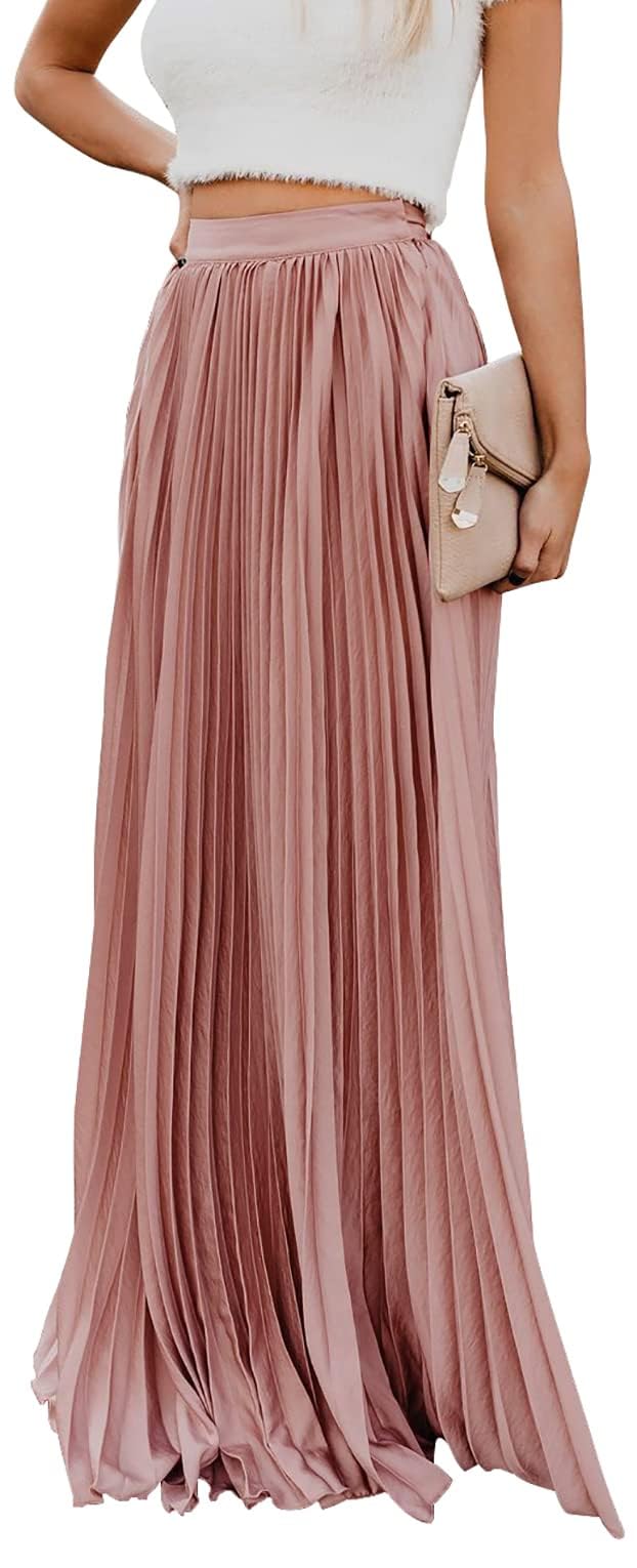 ebossy Women's High Waist Flowy Pleated Chiffon Maxi Skirt (Small, Pink) - Image 1