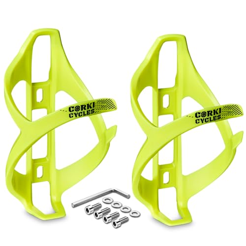 corki Cycles Bike Water Bottle Holder Right Side Load Water Bottle Cage for Road, MTB, Gravel Bicycles Lime Punch 2 Pack - Image 1