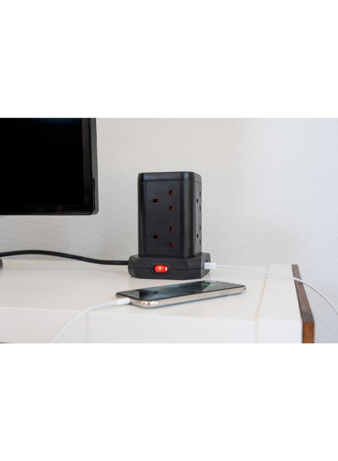 Brennenstuhl 8-Way Tower Socket Extension with Safety Fuse Button Black 2 m 1153563000 - Image 5