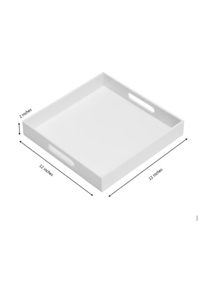 TPGP Glossy White Sturdy Acrylic Serving Tray with Handles-12x12Inch-Serving Coffee,Appetizer,Breakfast,Butler-Kitchen Countertop Tray-Cosmetics Organizer-Vanity Table Tray-Ottoman Tray-Decorative Tray - Image 2