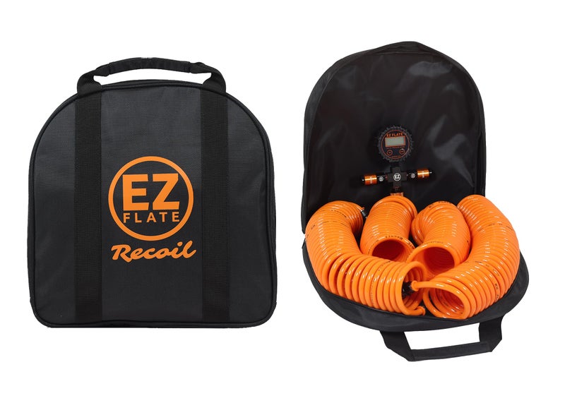 EZ FLATE 4 Tire Hose System  Heavy Duty  Truck or Car Tires  UTV Side By Side Tires  Fast Inflation  4 Tires at Once  Auto Equalize  Quick Connest Air Chucks Recoil Hose System