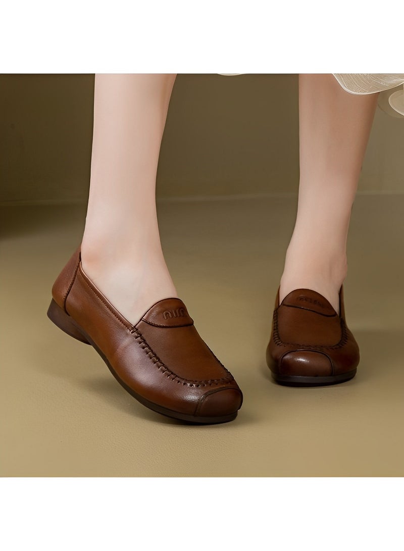 REOCLE Women’s Flat Shoes Dress PU Leather Slip on Shoes with Round Toe & Comfortable Lining & Hand Stitching - Image 1