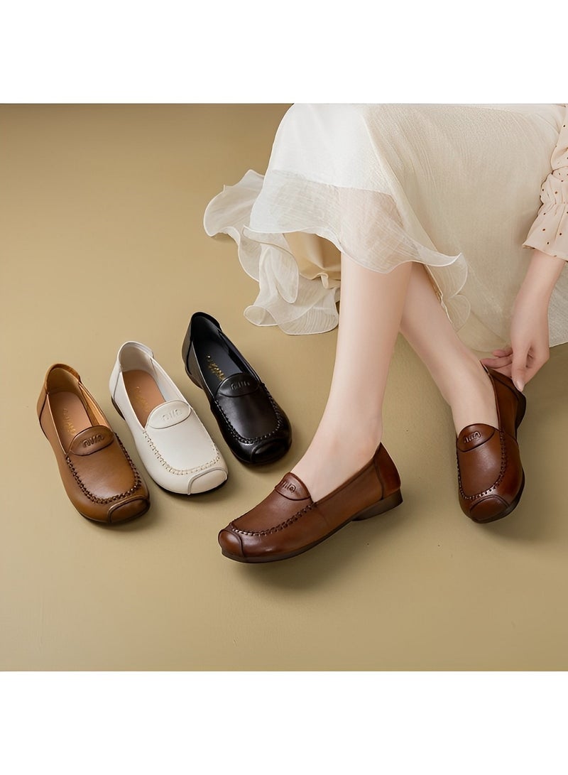 REOCLE Women’s Flat Shoes Dress PU Leather Slip on Shoes with Round Toe & Comfortable Lining & Hand Stitching - Image 3