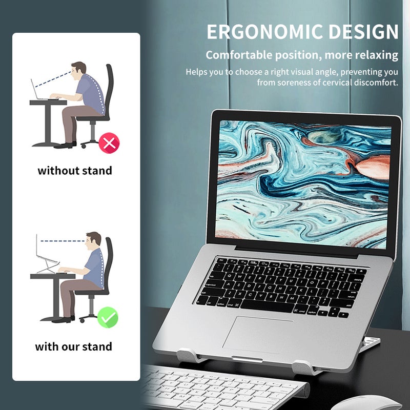 Ergonomic Laptop Stand: 10-Level Adjustable Height 50-155mm White - Anti-Skid Silicone Mat Hollow Cooling Design Portable Stand for Home Office Remote Workers - Image 5