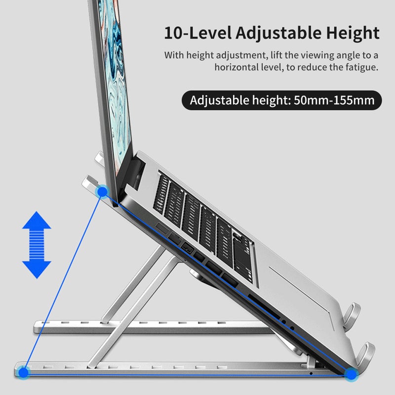 Ergonomic Laptop Stand: 10-Level Adjustable Height 50-155mm White - Anti-Skid Silicone Mat Hollow Cooling Design Portable Stand for Home Office Remote Workers - Image 4