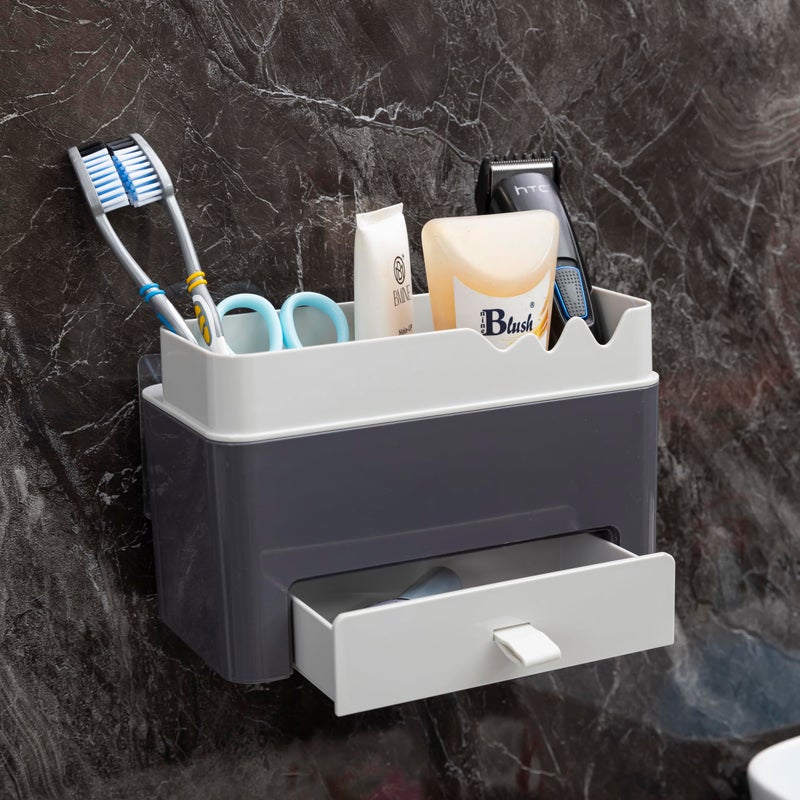 Jinila Self-Adhesive Multipurpose Wall Mounted Bathroom Storage Shelf with Mini Drawer and Separate Scissors Compartment for Bathroom and Kitchen (Pack of 1, Gray and Cream) - Image 3