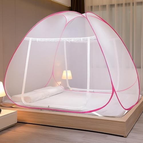 Evafly Mosquito Net for Double Bed | King Size Foldable Machardani | Polyester 30GSM Strong Net |PVC Coated Corrosion Resistant Steel Wire - Pink - Image 1