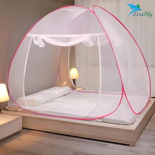 Evafly Mosquito Net for Double Bed | King Size Foldable Machardani | Polyester 30GSM Strong Net |PVC Coated Corrosion Resistant Steel Wire - Pink - Image 2