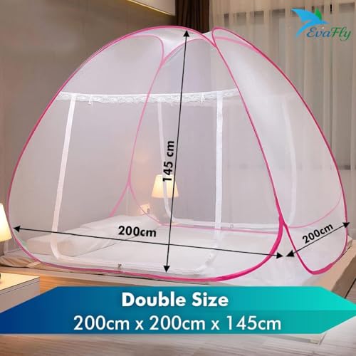 Evafly Mosquito Net for Double Bed | King Size Foldable Machardani | Polyester 30GSM Strong Net |PVC Coated Corrosion Resistant Steel Wire - Pink - Image 3