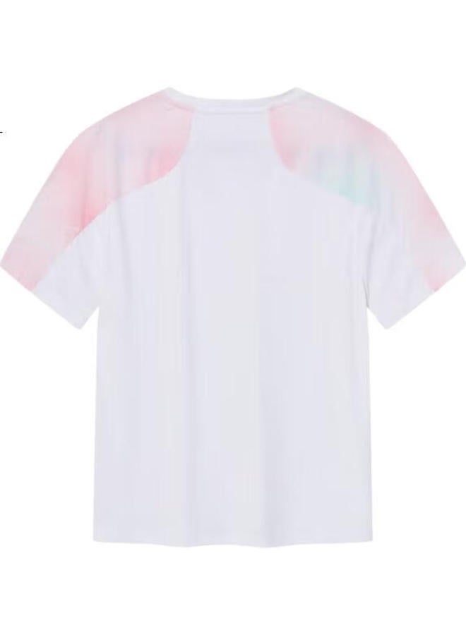 Erke Kids' Round Neck Short Sleeve Pure T-Shirt For Boys And Girls In School, White/Pink 130 - Image 2