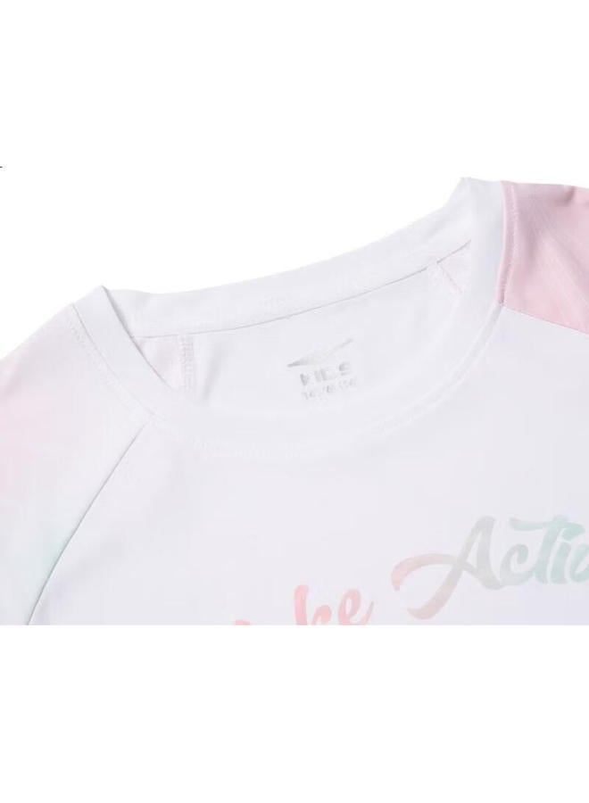 Erke Kids' Round Neck Short Sleeve Pure T-Shirt For Boys And Girls In School, White/Pink 130 - Image 1