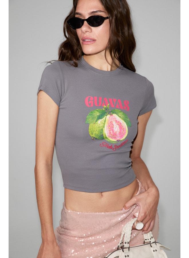 GRIMELANGE GUAYAVA Women's Soft and Flexible Fabric Print Detailed Fitted Grey T-Shirt. - Image 1