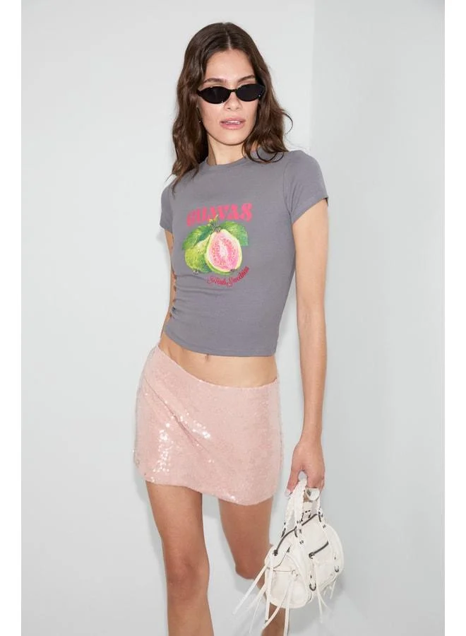 GRIMELANGE GUAYAVA Women's Soft and Flexible Fabric Print Detailed Fitted Grey T-Shirt.