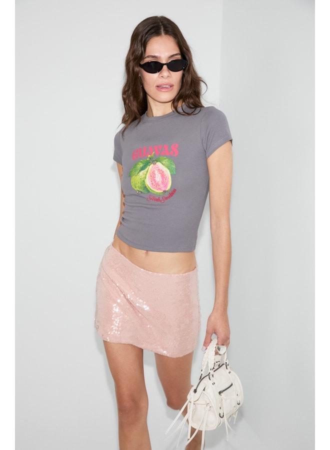 GRIMELANGE GUAYAVA Women's Soft and Flexible Fabric Print Detailed Fitted Grey T-Shirt. - Image 2