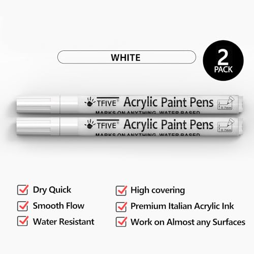 TFIVE White Paint Marker Paint Pens - 2 Pack Acrylic Permanent Marker, 0.7mm Extra Fine Tip Paint Pen for Art Projects, Drawing, Rock Painting, Ceramic, Glass, Wood, Plastic, Metal, Canvas DIY Crafts - Image 2