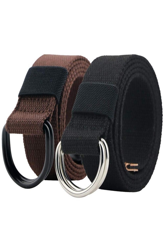 macoking 2 Pack Cloth Canvas Belts for Men with Double D Ring Buckle, Black B&Coffee, 51in long for waist 40"-43" - Image 1