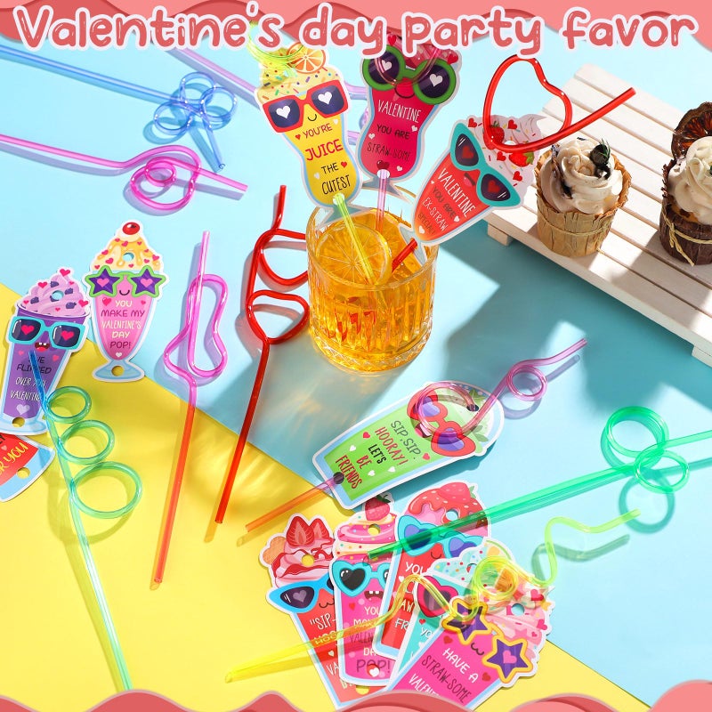 SiliFine SiliFine 96 Pcs curling Straws Valentine's Day Gifts Cards Set 48 Pcs Valentine's Day Cards Exchange Cards 48 Pcs Loop Bendy Drinking Straws for Valentine Exchange Party Supplies - Image 1