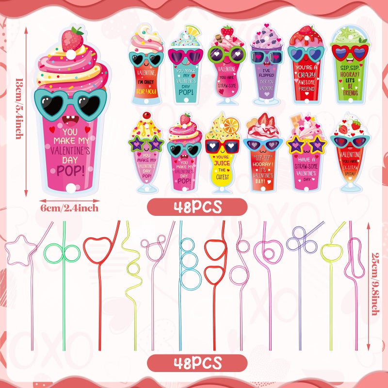 SiliFine SiliFine 96 Pcs curling Straws Valentine's Day Gifts Cards Set 48 Pcs Valentine's Day Cards Exchange Cards 48 Pcs Loop Bendy Drinking Straws for Valentine Exchange Party Supplies - Image 3