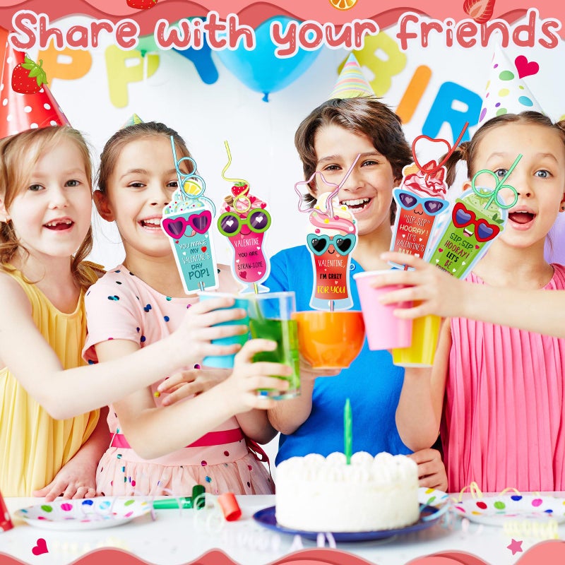 SiliFine SiliFine 96 Pcs curling Straws Valentine's Day Gifts Cards Set 48 Pcs Valentine's Day Cards Exchange Cards 48 Pcs Loop Bendy Drinking Straws for Valentine Exchange Party Supplies - Image 4