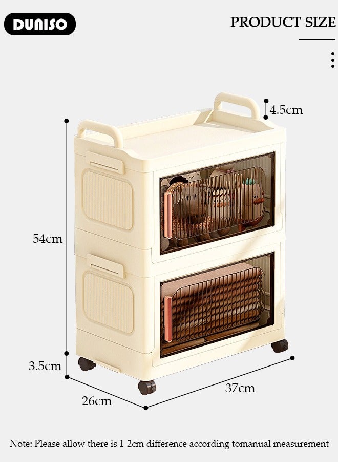 DUNISO 2 Layers Folding Storage Box with Lids, Plastic Stackable Storage Box Storage Bins with Wheels and Doors，37 cm Wide Large Capacity Cabinet for Clothes, Toys, Snacks, Books, Multifunction Container for Home, Office and Outdoor - Image 4