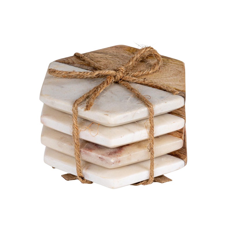 Creative Coop Marble  Mango Wood Hexagon Coasters Set of 4 Pieces