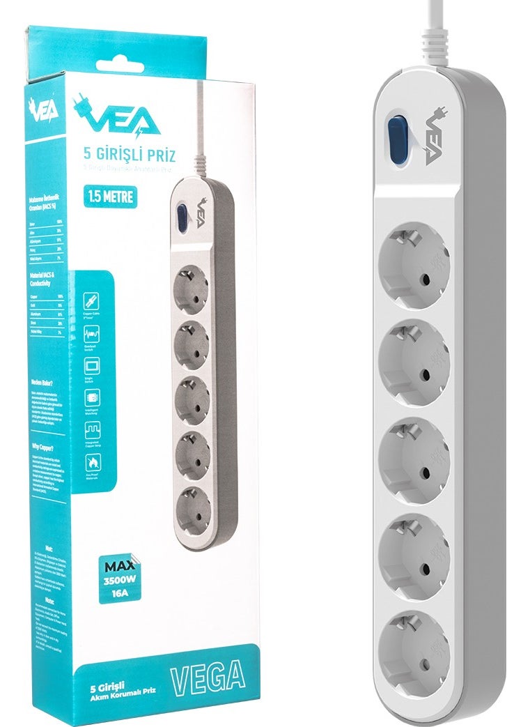 AYT - Vea VE-VEGA105 Group Socket Extension 5-Plug Socket 1.5 Meter 3500 Watt 16 Ampere Heat Resistant Surge Protected Socket - Image 1