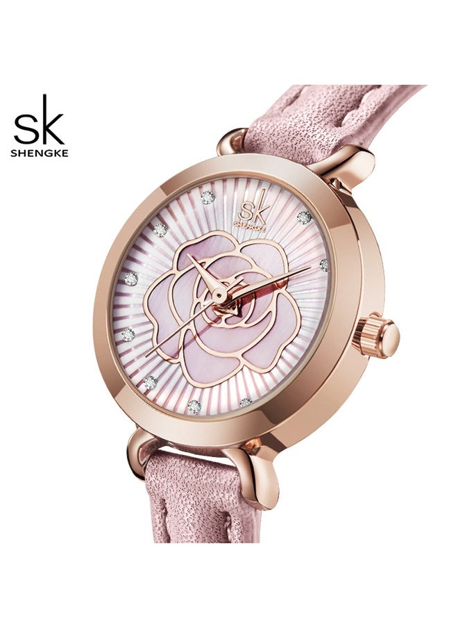 SK SK Women's Watch - Unique Rose Design, Leather Strap, Elegant Quartz Timepiece  - Image 1