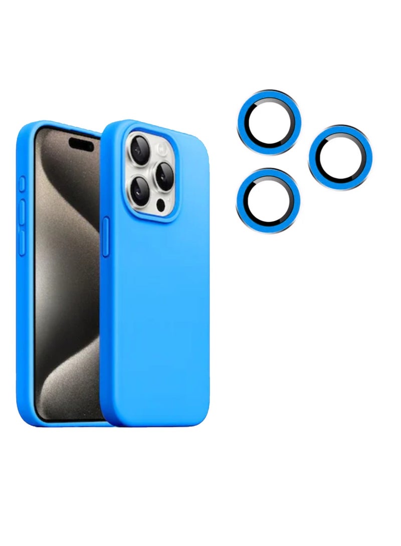 DIGI CORE iPhone 14 Pro Silicone Case 6.1 Inch With 3 Pieces Camera Lens Cover For iPhone 14 Pro Case Blue