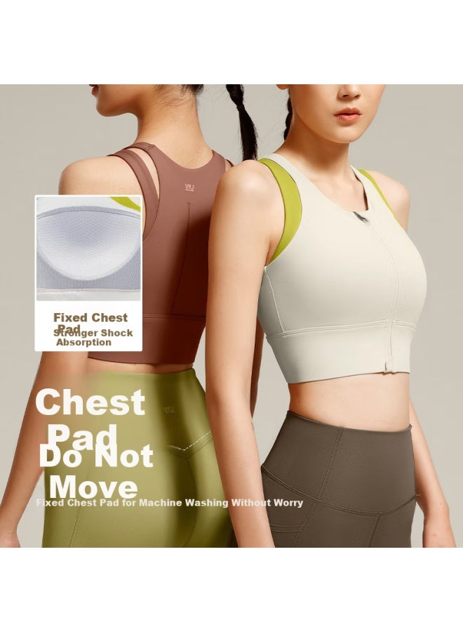 Vfu Women's Front-zip High-impact Sports Bra For Running, Fitness, Yoga Vest - Gray With Green, Size L - Image 4