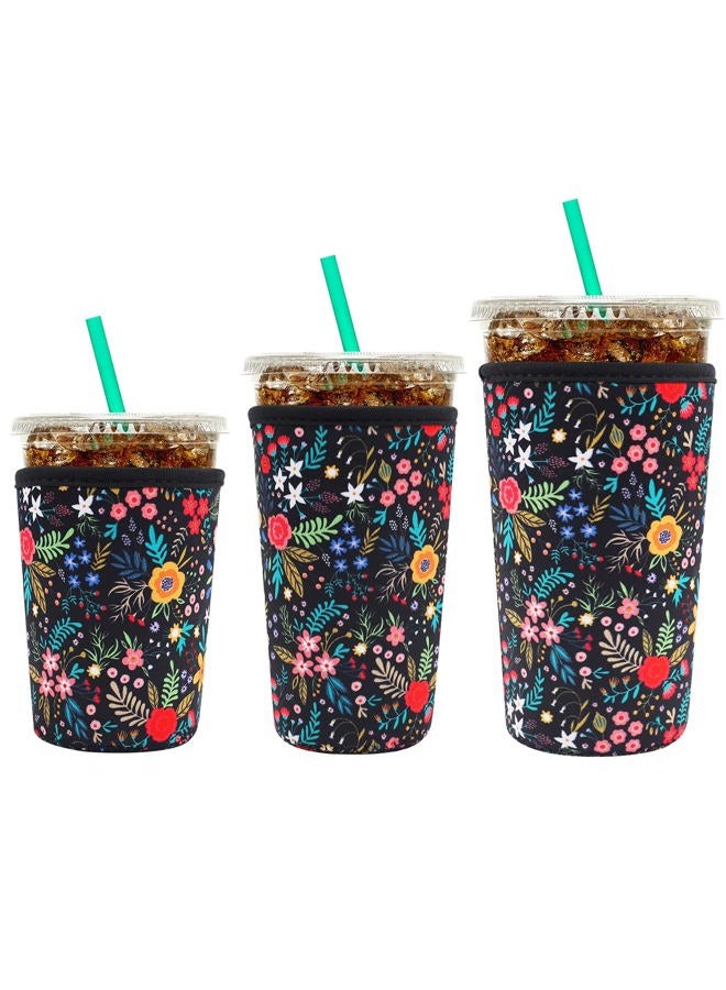 YR Reusable Neoprene Insulator Sleeve for Iced Coffee Cups, 3 Pack Coffee Coolies Sleeves for Iced & Hot Drinks, Cold Beverage Cooler Compatible with Starbucks Dunkin Coffee and More (Little Flower) - Image 1
