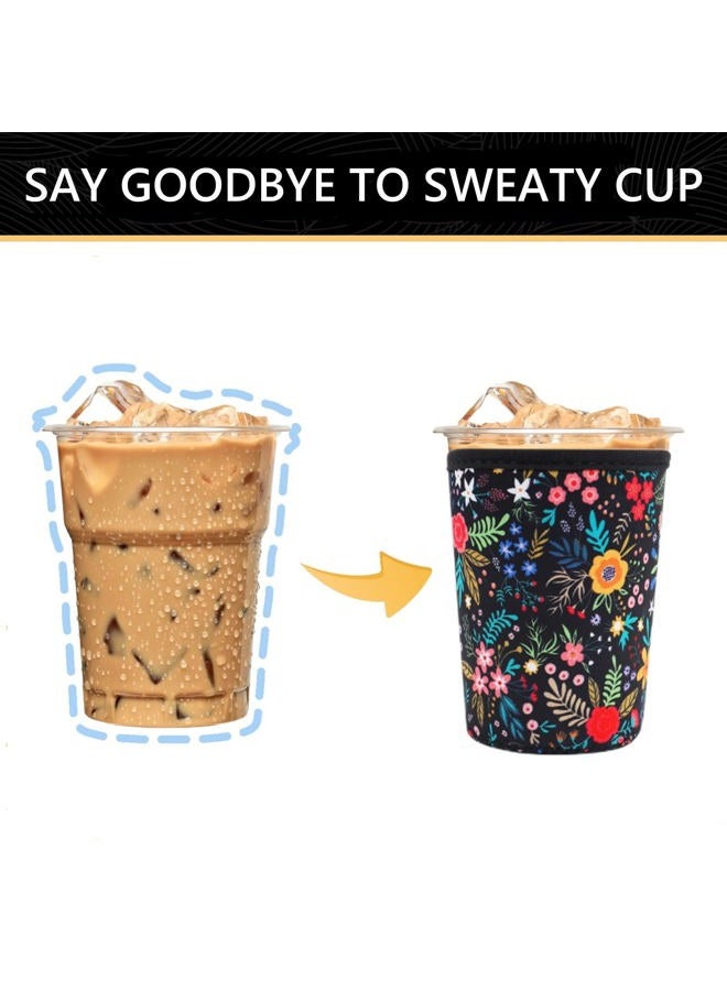 YR Reusable Neoprene Insulator Sleeve for Iced Coffee Cups, 3 Pack Coffee Coolies Sleeves for Iced & Hot Drinks, Cold Beverage Cooler Compatible with Starbucks Dunkin Coffee and More (Little Flower) - Image 3