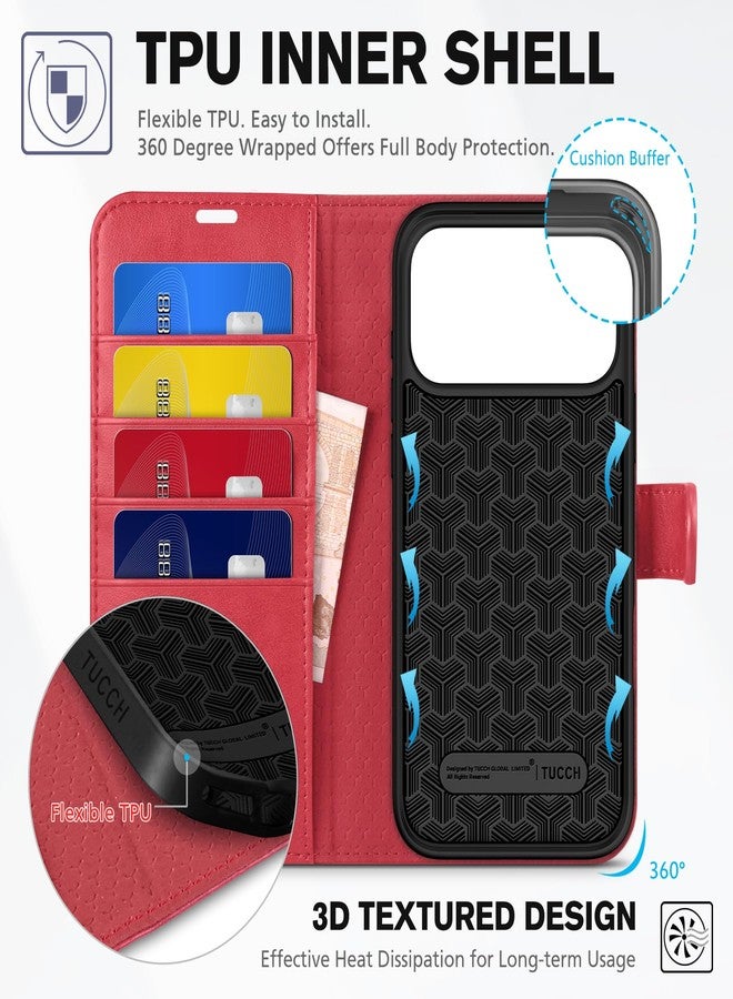TUCCH Wallet Case for iPhone 17 Pro Max (6.9-Inch) 2025, RFID Blocking 4 Card Slots | Kickstand | Magnetic Closure | PU Leather | Shockproof TPU Shell | Protective Flip Folio Cover | Red - Image 5